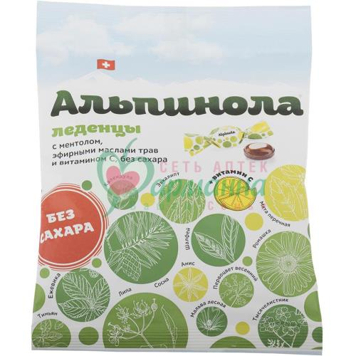 АЛЬПИНОЛА ЛЕДЕНЦЫ МЕНТОЛ+ТРАВЫ+ВИТ С Б/САХ. 75Г.